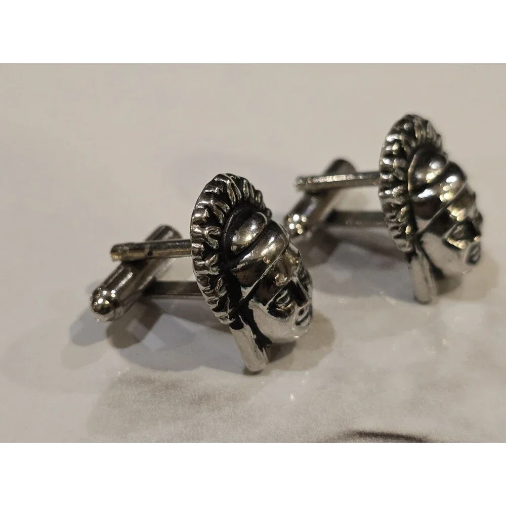 Vintage Silver Tone Warrior Face Cufflinks Tribal Mask Head Mens Cuff Links 1215